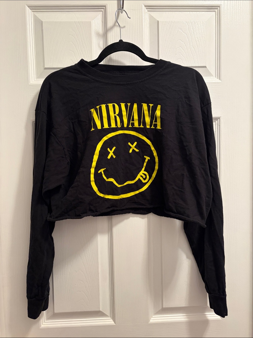 NIRVANA Black Long-Sleeve Crop Tee with Yellow Smiley Logo